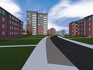 So soll sie bald aussehen: Unsere Wohnanlage im Von-Herslo-Weg nach der energetischen Modernisierung, Visualisierung: planAs GmbH